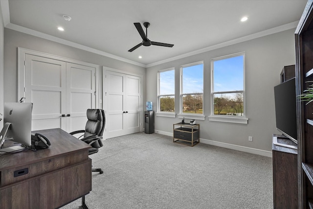 909 Saint Anne Ct, Heath, TX 75032 - office featuring a ceiling fan, crown molding, light carpet, baseboards, and recessed lighting