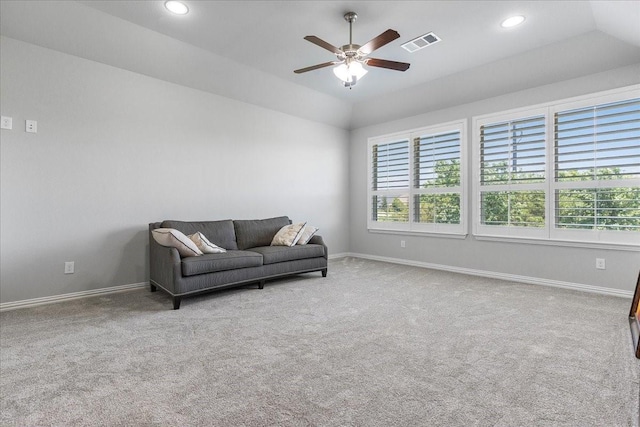 1630 Old Oak Ct, Prosper, TX 75078 - sitting room with ceiling fan, carpet flooring, baseboards, vaulted ceiling, and recessed lighting