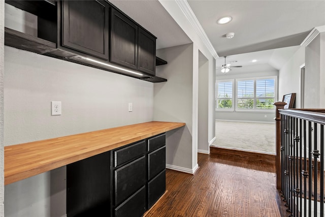 1630 Old Oak Ct, Prosper, TX 75078 - kitchen with dark cabinetry, dark wood finished floors, ceiling fan, recessed lighting, and wooden counters
