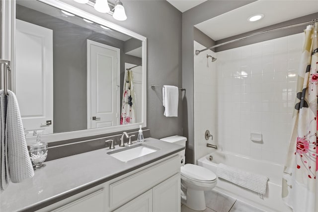 1630 Old Oak Ct, Prosper, TX 75078 - full bathroom featuring vanity, shower / tub combo with curtain, and tile patterned floors