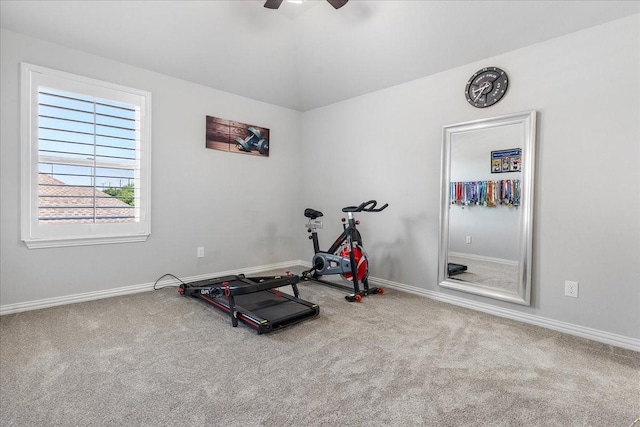 1630 Old Oak Ct, Prosper, TX 75078 - exercise room with carpet flooring, a ceiling fan, and baseboards