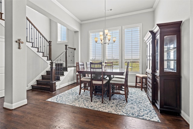 1630 Old Oak Ct, Prosper, TX 75078 - dining space with dark wood finished floors, a chandelier, stairway, ornamental molding, and baseboards