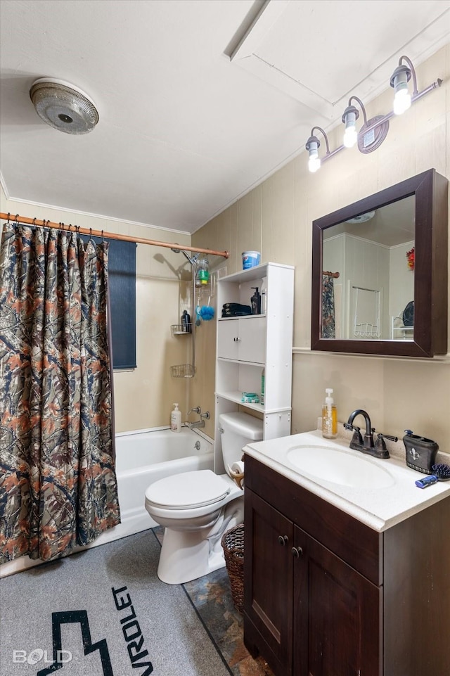 bathroom featuring shower / bathtub combination with curtain, toilet, and vanity