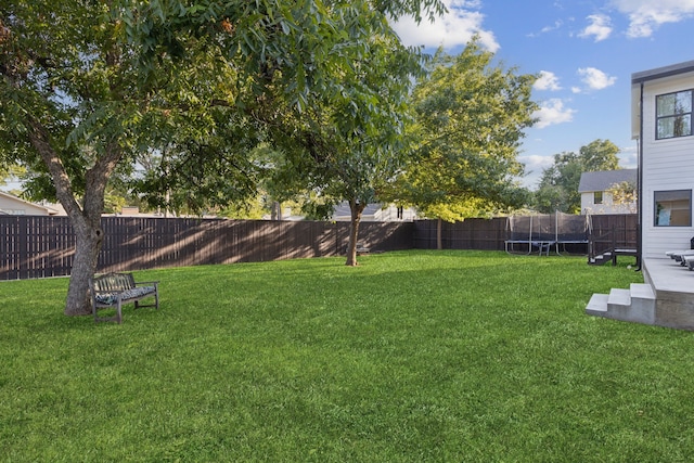 view of yard featuring a trampoline and a fenced backyard