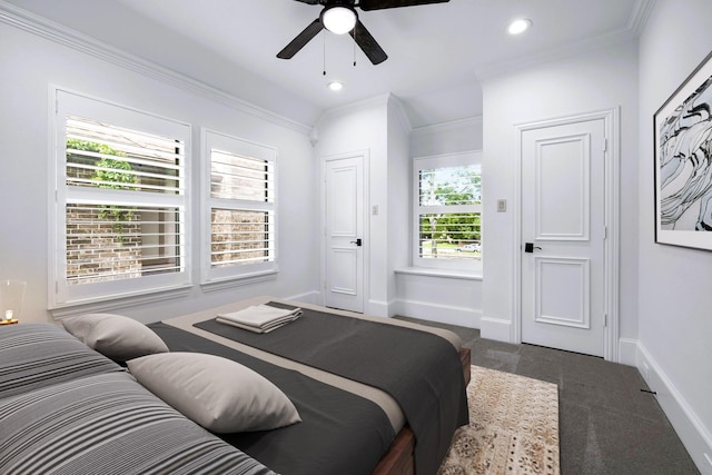 4929 Alcott St, Dallas, TX 75206 - bedroom featuring carpet, ornamental molding, baseboards, recessed lighting, and a ceiling fan