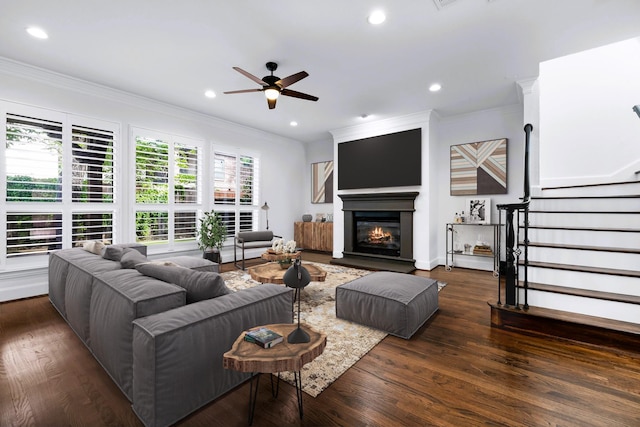 4929 Alcott St, Dallas, TX 75206 - living room with ceiling fan, recessed lighting, wood finished floors, ornamental molding, and stairway