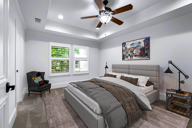 4929 Alcott St, Dallas, TX 75206 - bedroom with ornamental molding, a tray ceiling, carpet floors, baseboards, and ceiling fan
