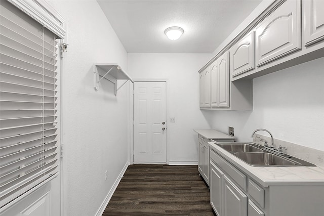 2858 Waters Edge, Quinlan, TX 75474 - laundry room with a sink, baseboards, hookup for a washing machine, cabinet space, and dark wood-type flooring