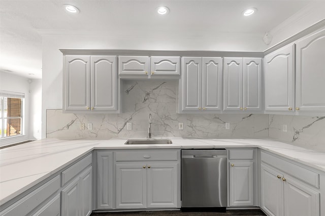2858 Waters Edge, Quinlan, TX 75474 - kitchen featuring dishwasher, backsplash, light stone counters, and a sink