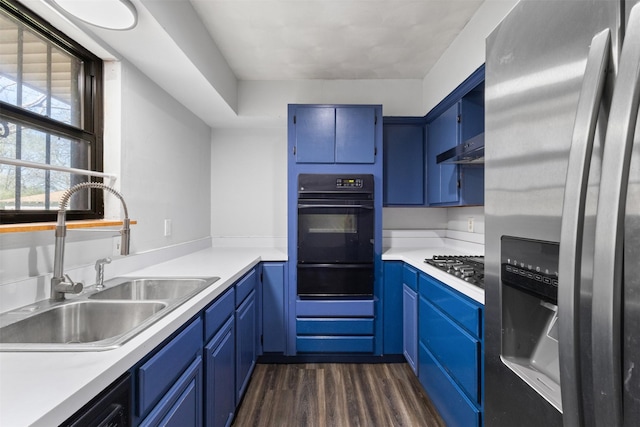 4331 Kolloch Dr, Dallas, TX 75216 - kitchen with blue cabinetry, under cabinet range hood, a sink, and stainless steel appliances