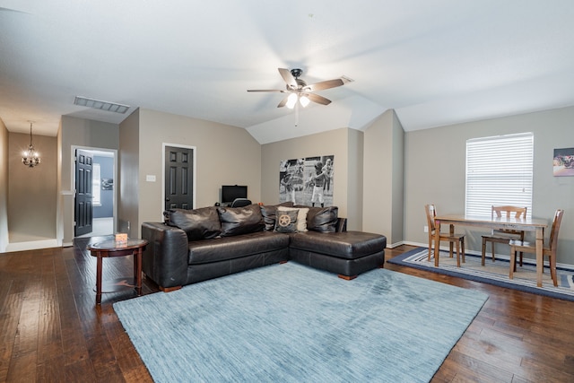 796 Ridge Rd W, Rockwall, TX 75087 - living room featuring a ceiling fan, a chandelier, dark wood finished floors, lofted ceiling, and baseboards