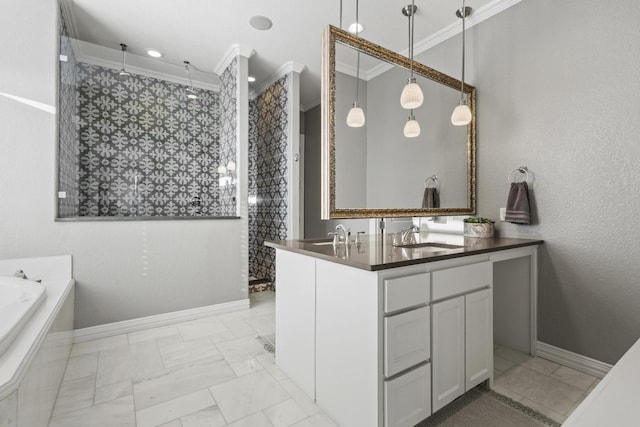 181 Monarch Dr, Denison, TX 75020 - full bath with vanity, crown molding, baseboards, a garden tub, and tiled shower