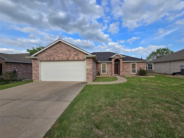 ranch-style house featuring concrete driveway, brick siding, an attached garage, and a front lawn