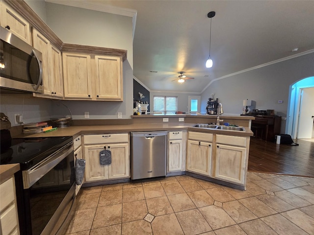 714 Green Acres Ln, Midlothian, TX 76065 - kitchen with appliances with stainless steel finishes, a sink, crown molding, ceiling fan, and a peninsula