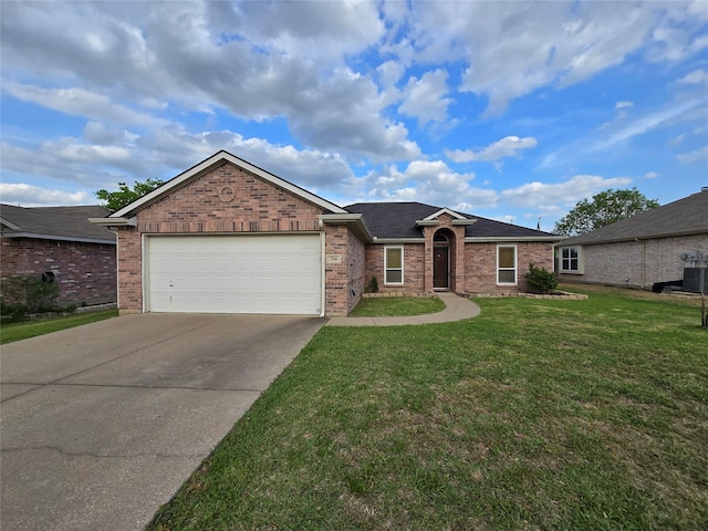 ranch-style house with concrete driveway, roof with shingles, a front lawn, an attached garage, and brick siding