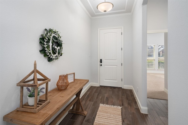 doorway with ornamental molding, dark wood-type flooring, and baseboards