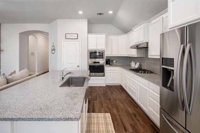 kitchen featuring tasteful backsplash, stainless steel appliances, under cabinet range hood, a sink, and arched walkways