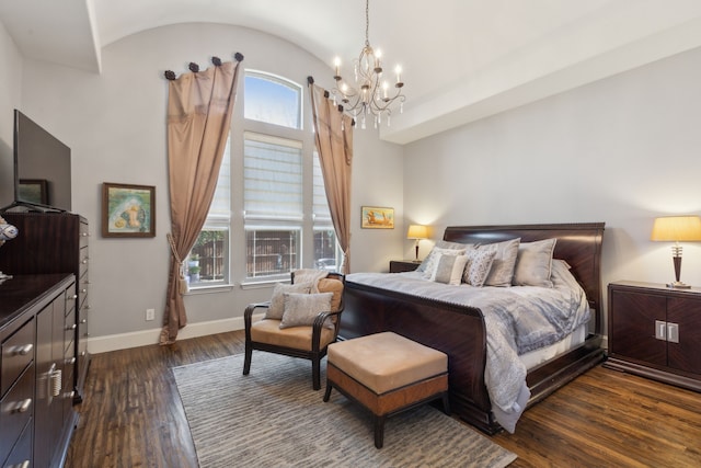 3960 Briar Tree Ln, Frisco, TX 75034 - bedroom with a chandelier, dark wood-style flooring, baseboards, and vaulted ceiling