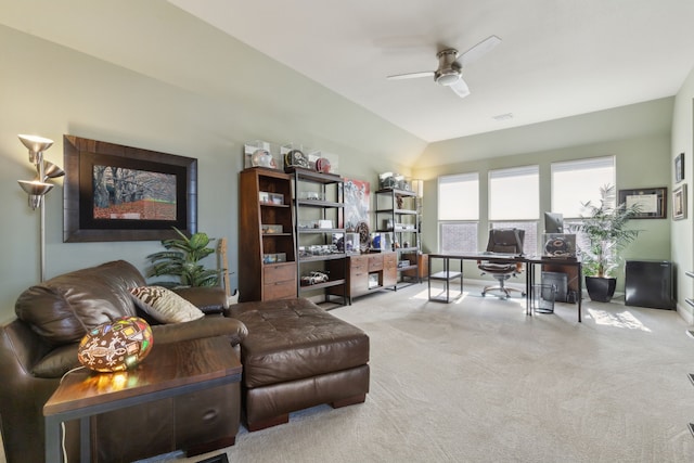 3960 Briar Tree Ln, Frisco, TX 75034 - living room with carpet, a desk, a ceiling fan, and vaulted ceiling