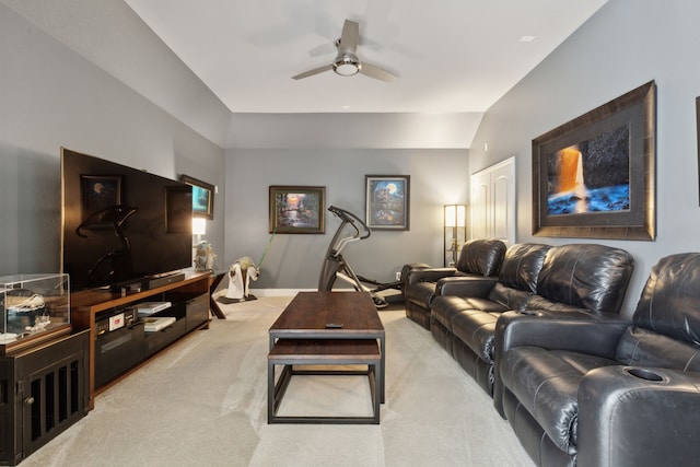 3960 Briar Tree Ln, Frisco, TX 75034 - living area with a ceiling fan, carpet floors, vaulted ceiling, and baseboards