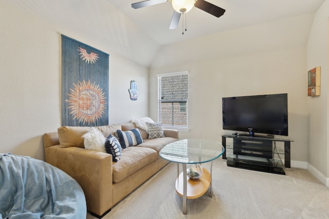 3960 Briar Tree Ln, Frisco, TX 75034 - carpeted living room with a ceiling fan, baseboards, and lofted ceiling