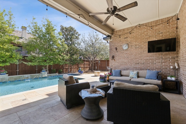 3960 Briar Tree Ln, Frisco, TX 75034 - fenced backyard with outdoor lounge area, a ceiling fan, and a patio