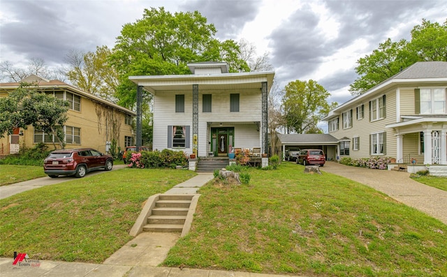 view of front of property featuring a porch and a front lawn