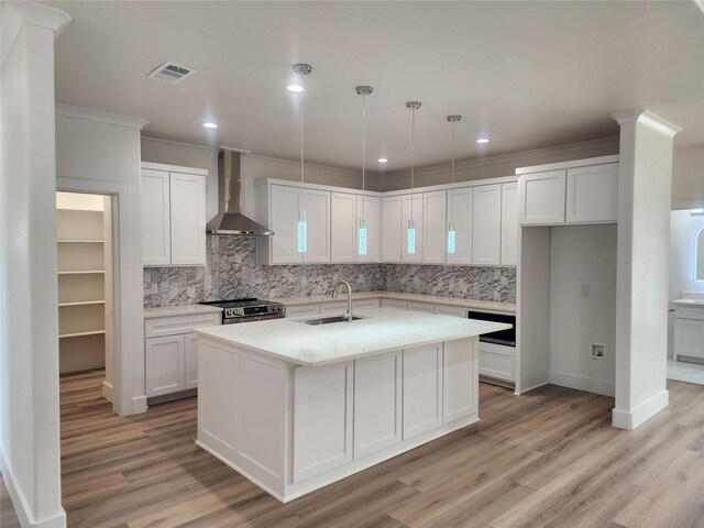 144 Shawnee Trl, Pottsboro, TX 75076 - kitchen featuring light wood-style floors, wall chimney exhaust hood, a sink, and visible vents