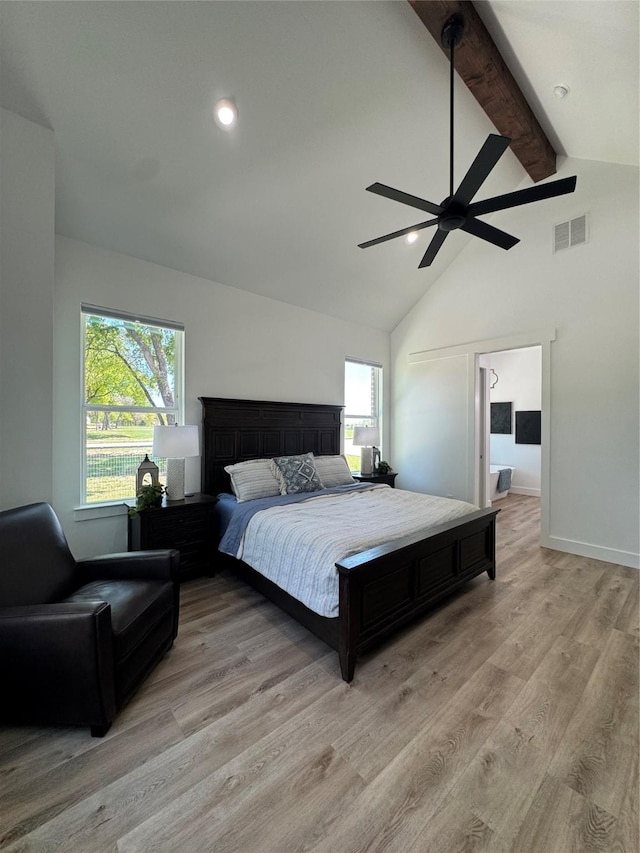 bedroom with high vaulted ceiling, beamed ceiling, light wood-style flooring, visible vents, and recessed lighting