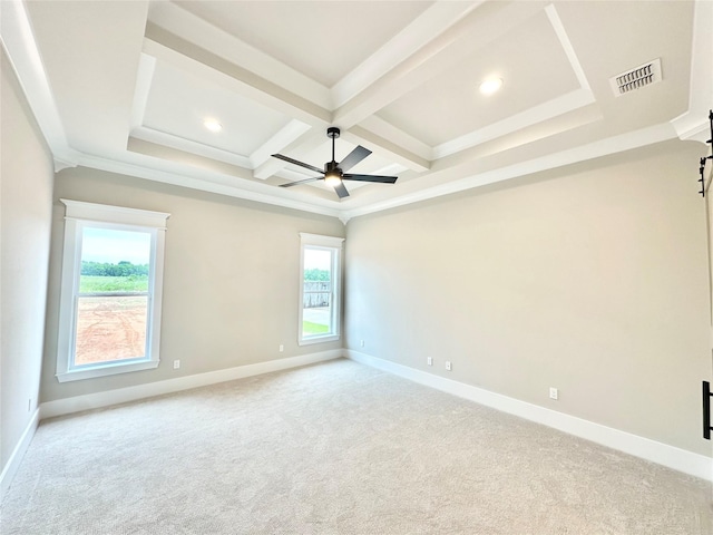 637 Caledonia Dr, Bossier City, LA 71111 - unfurnished room featuring coffered ceiling, light colored carpet, a ceiling fan, baseboards, and visible vents