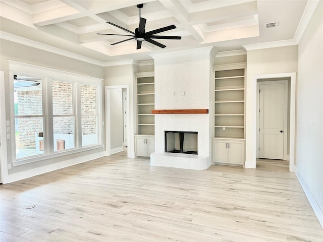 637 Caledonia Dr, Bossier City, LA 71111 - unfurnished living room featuring coffered ceiling, a fireplace, light wood-type flooring, baseboards, and beamed ceiling