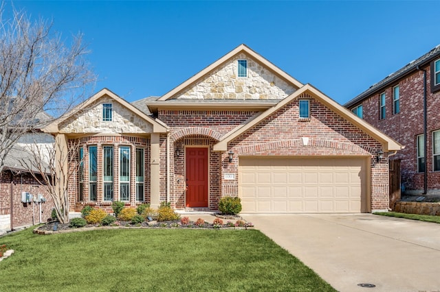 1001 Hodge St, Mckinney, TX 75071 - french provincial home featuring brick siding, concrete driveway, a front lawn, a garage, and stone siding