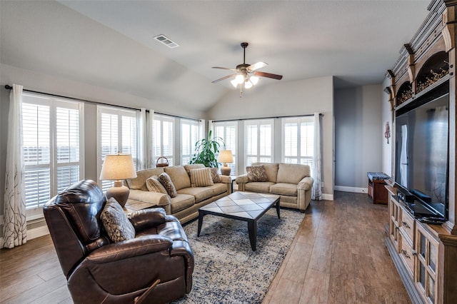 1001 Hodge St, Mckinney, TX 75071 - living room with ceiling fan, wood finished floors, vaulted ceiling, and baseboards