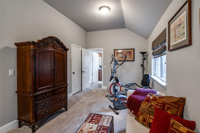 1001 Hodge St, Mckinney, TX 75071 - bedroom featuring light colored carpet, vaulted ceiling, baseboards, and an office area