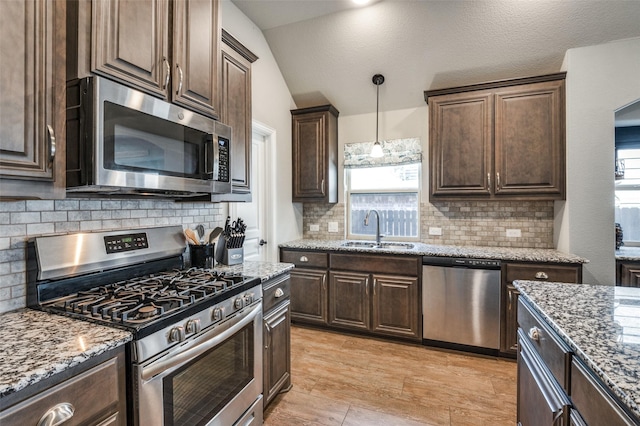 1001 Hodge St, Mckinney, TX 75071 - kitchen featuring appliances with stainless steel finishes, a sink, dark brown cabinets, plenty of natural light, and vaulted ceiling
