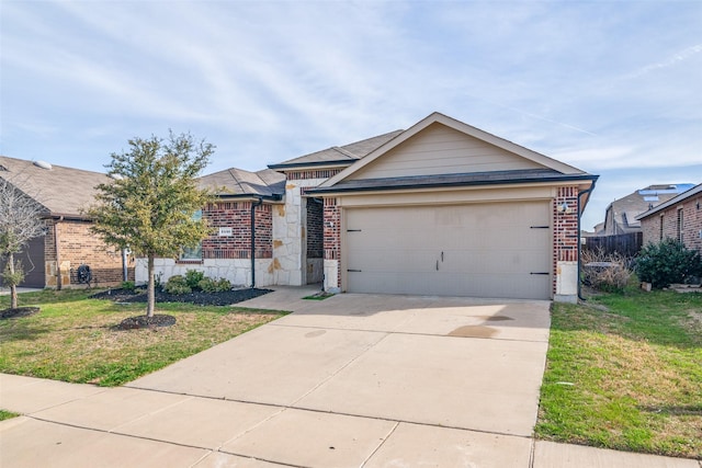 2430 Rosharon Dr, Forney, TX 75126 - ranch-style home with driveway, a front yard, an attached garage, and brick siding