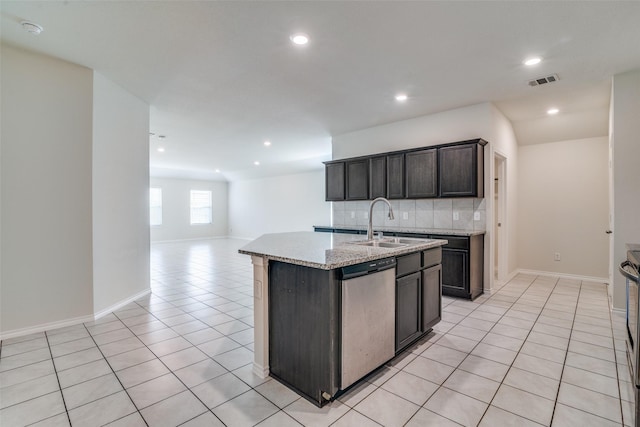 2430 Rosharon Dr, Forney, TX 75126 - kitchen with a sink, backsplash, dishwasher, light tile patterned floors, and visible vents