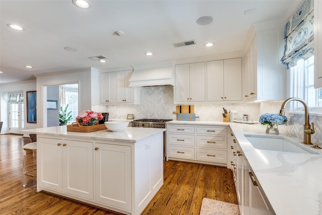 kitchen with white cabinets, visible vents, a sink, light stone countertops, and crown molding