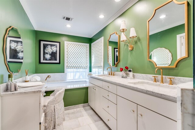 bathroom featuring visible vents, ornamental molding, and a sink