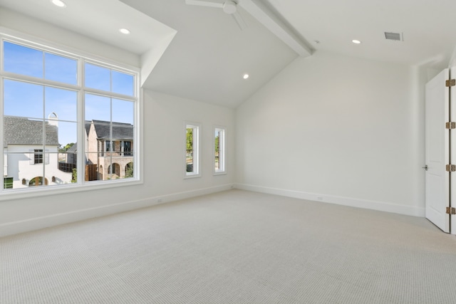 9518 Still Creek Ln, Dallas, TX 75238 - unfurnished living room featuring beamed ceiling, light colored carpet, ceiling fan, baseboards, and recessed lighting