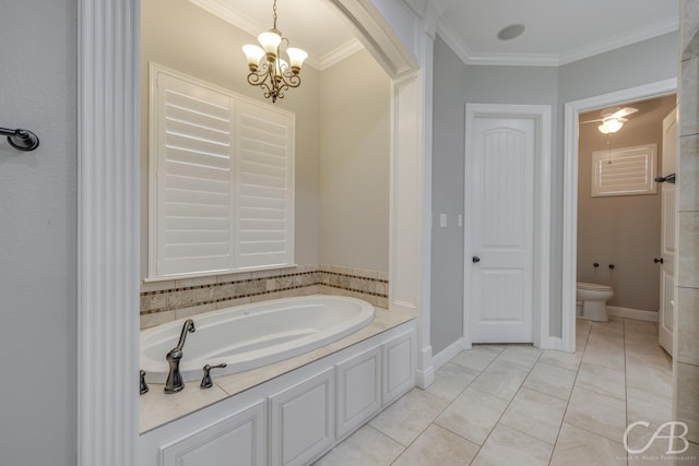 full bath featuring crown molding, a bath, a notable chandelier, and toilet