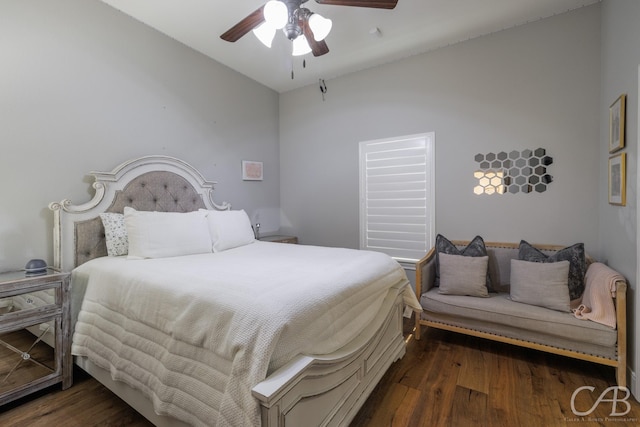 bedroom with ceiling fan and wood finished floors