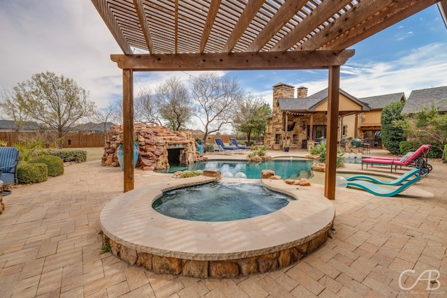 view of swimming pool featuring a pergola, an outdoor stone fireplace, a patio, a fenced in pool, and an in ground hot tub