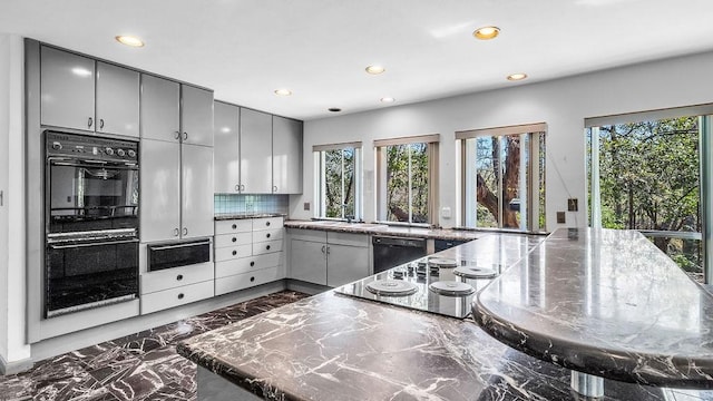 3724 Wooded Creek Dr, Farmers Branch, TX 75244 - kitchen featuring recessed lighting, gray cabinets, healthy amount of natural light, a warming drawer, and black appliances