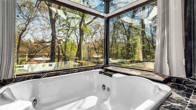 3724 Wooded Creek Dr, Farmers Branch, TX 75244 - full bathroom with a tub with jets and marble tiled floors