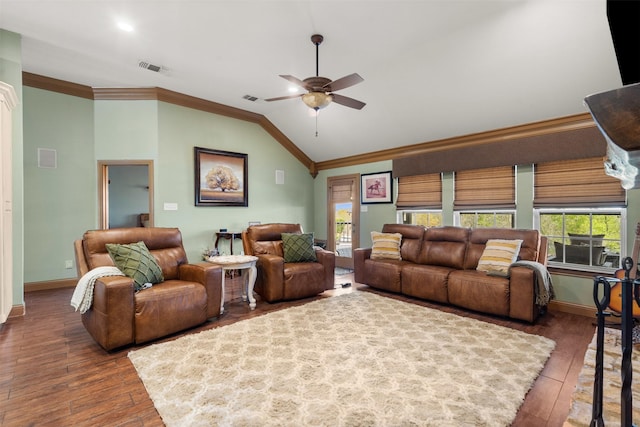 10790 White Settlement Rd, Fort Worth, TX 76108 - living room featuring crown molding, wood-type flooring, plenty of natural light, a ceiling fan, and lofted ceiling