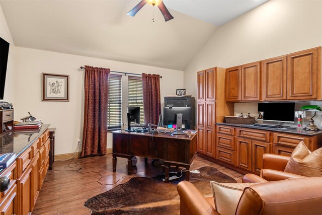 10790 White Settlement Rd, Fort Worth, TX 76108 - home office with wood finished floors, a ceiling fan, and high vaulted ceiling