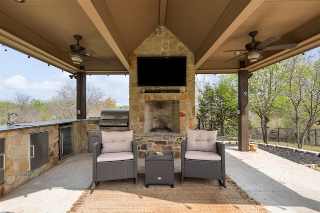 10790 White Settlement Rd, Fort Worth, TX 76108 - view of patio with an outdoor stone fireplace, a ceiling fan, area for grilling, and a grill