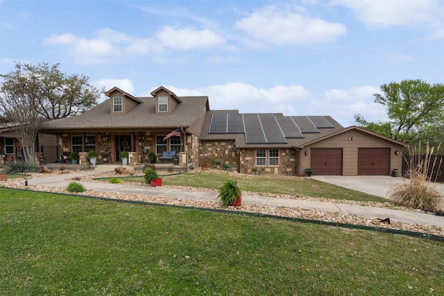 10790 White Settlement Rd, Fort Worth, TX 76108 - view of front facade with covered porch, a front yard, roof mounted solar panels, concrete driveway, and a garage