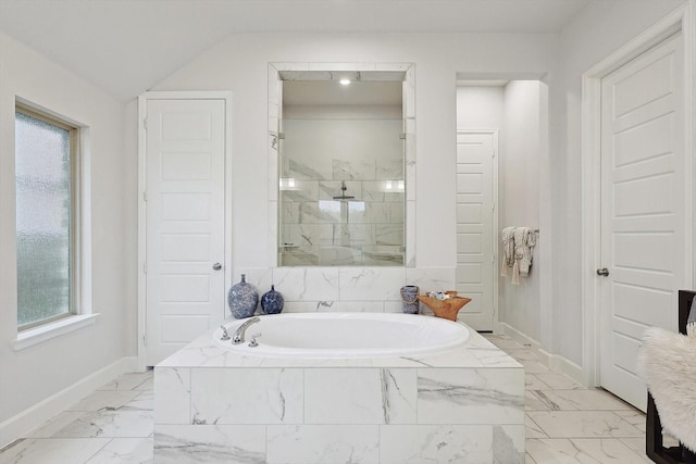 2193 Cloverfern Way, Haslet, TX 76052 - bathroom with lofted ceiling, a tile shower, baseboards, marble finish floor, and a bath